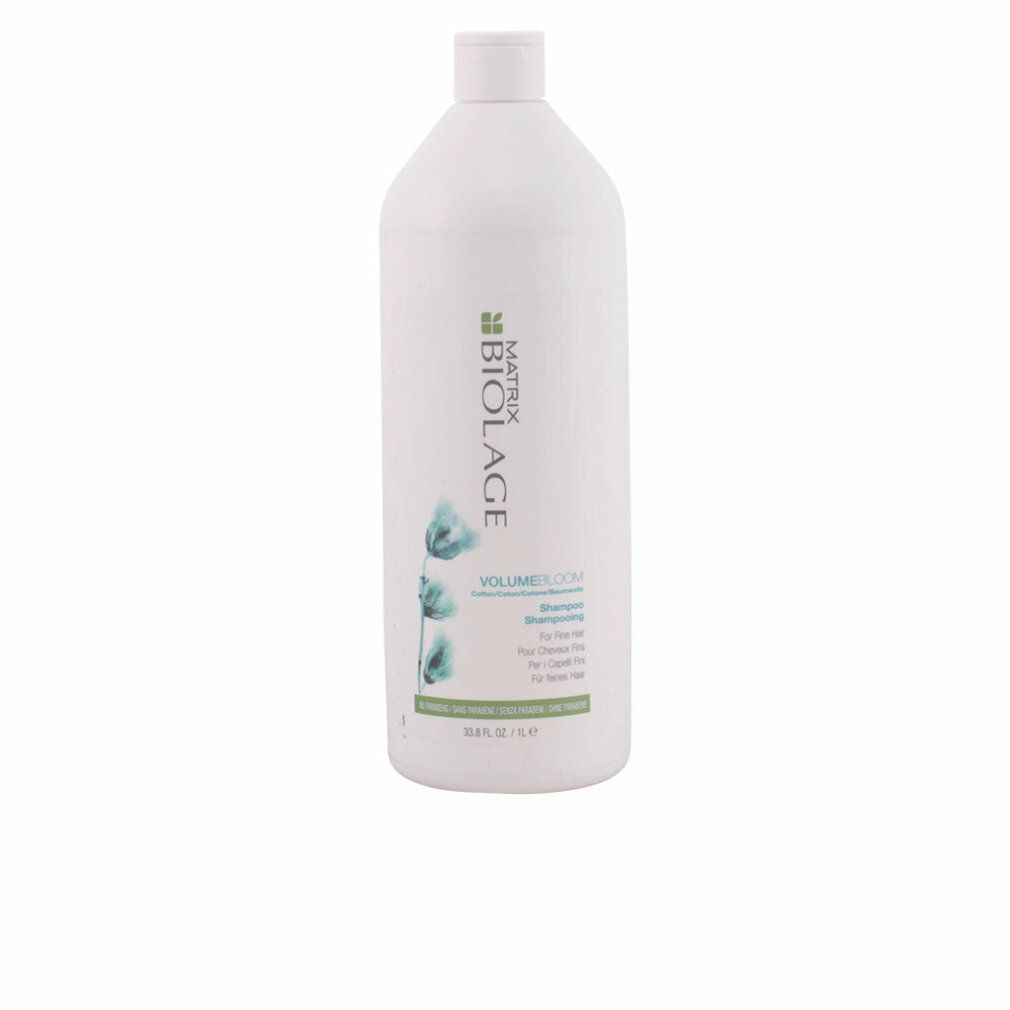 Weiße Shampoo-Flasche mit grünem Etikett. Biolage-Logo und VolumeBloom-Schriftzug. Für feines Haar.