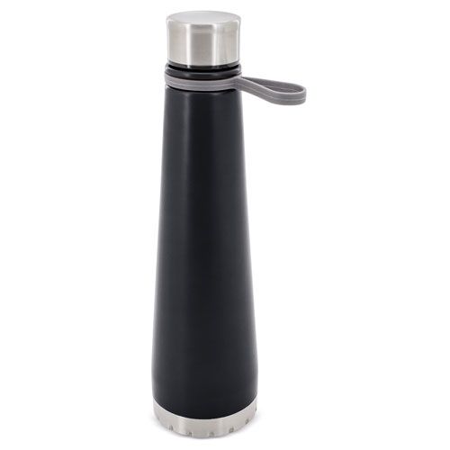 Schwarze Stahlflasche mit silbernem Deckel und grauem Tragegriff. Konische Form, silberner Boden.