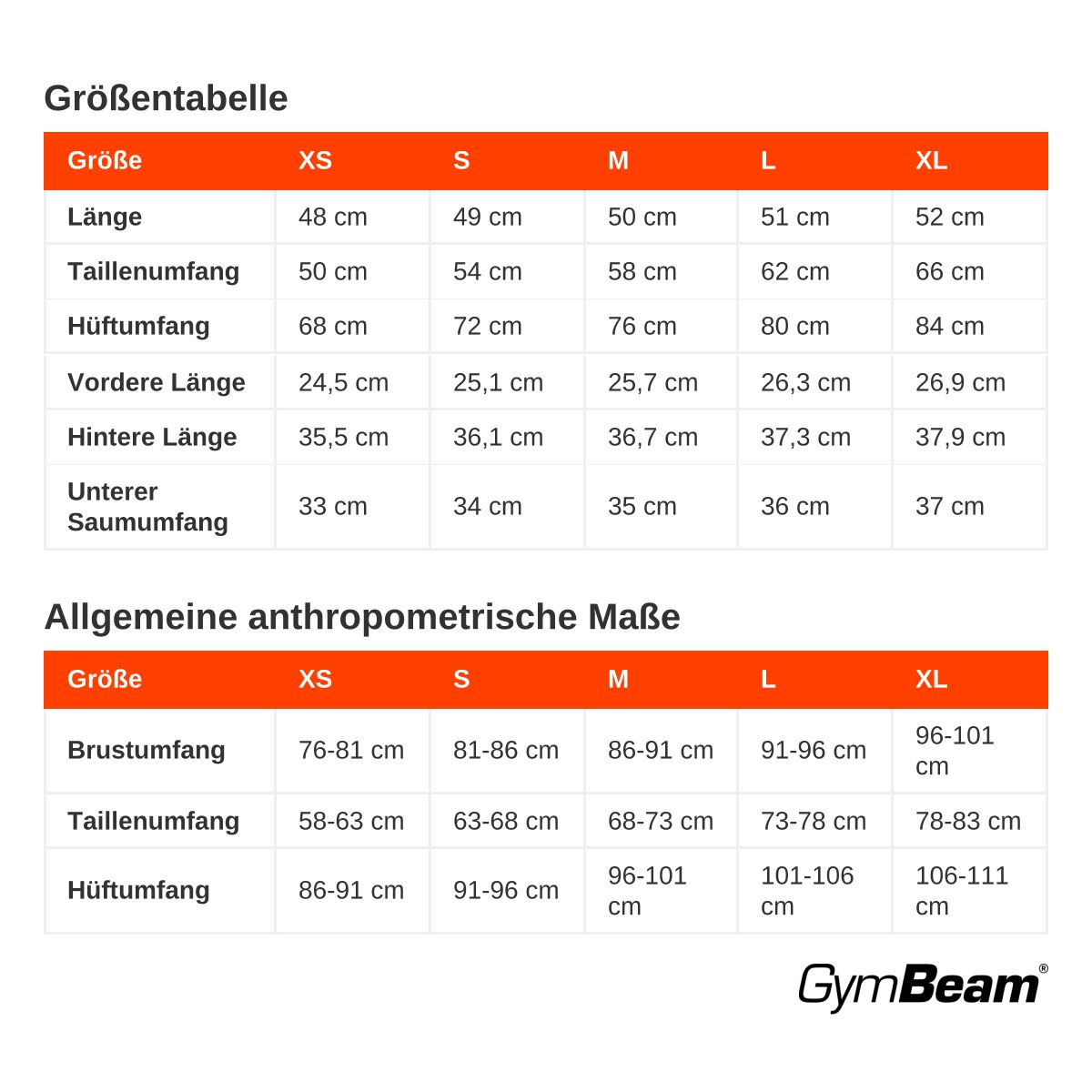 Größentabelle für GymBeam Damen Shorts Slim in verschiedenen Größen und Maßen.