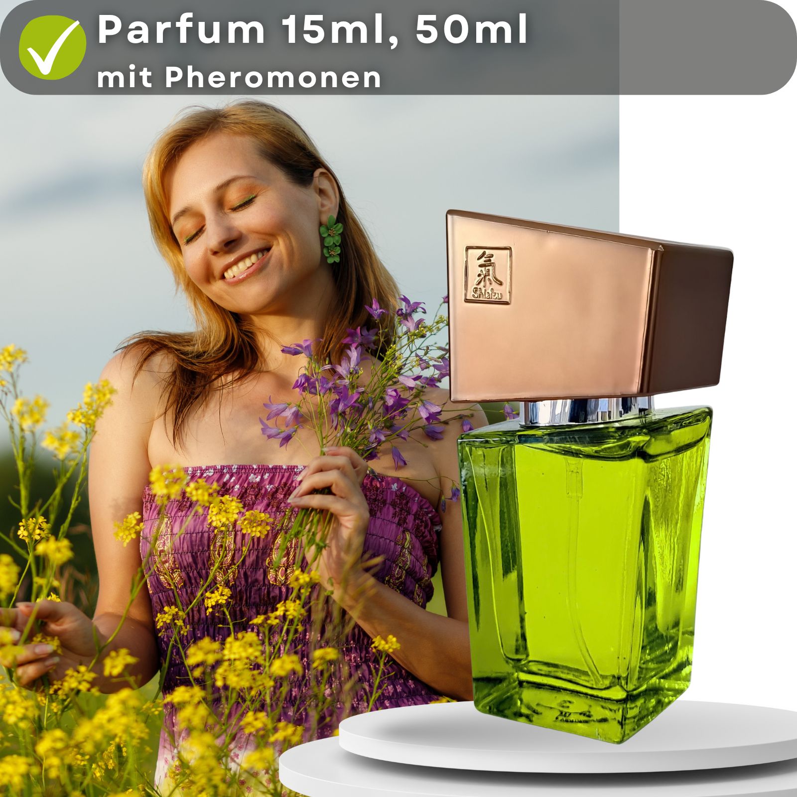 Frau mit Blumen, Flakon und Verpackung. Text: Parfum 15ml, 50ml, mit Pheromonen.