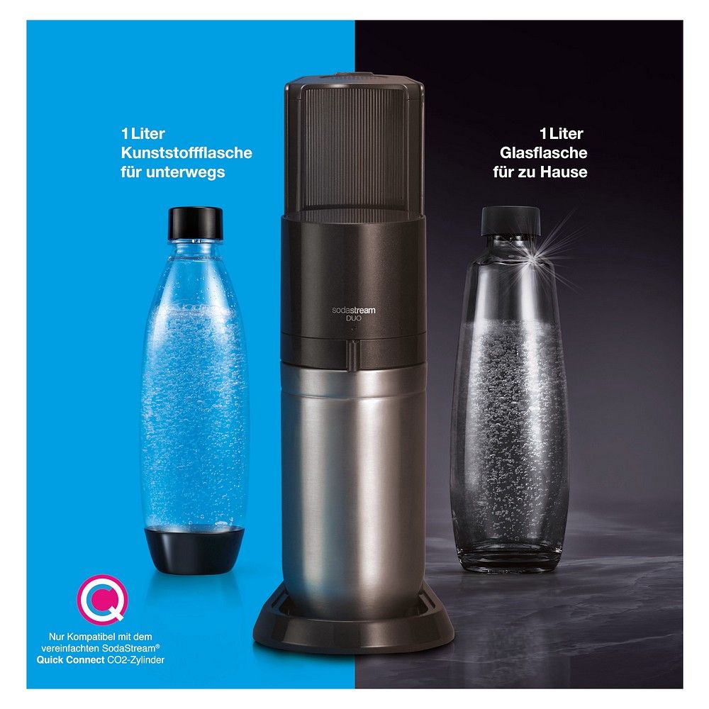 Sodastream Soda Duo mit 1L Kunststoff- und 1L Glasflasche.