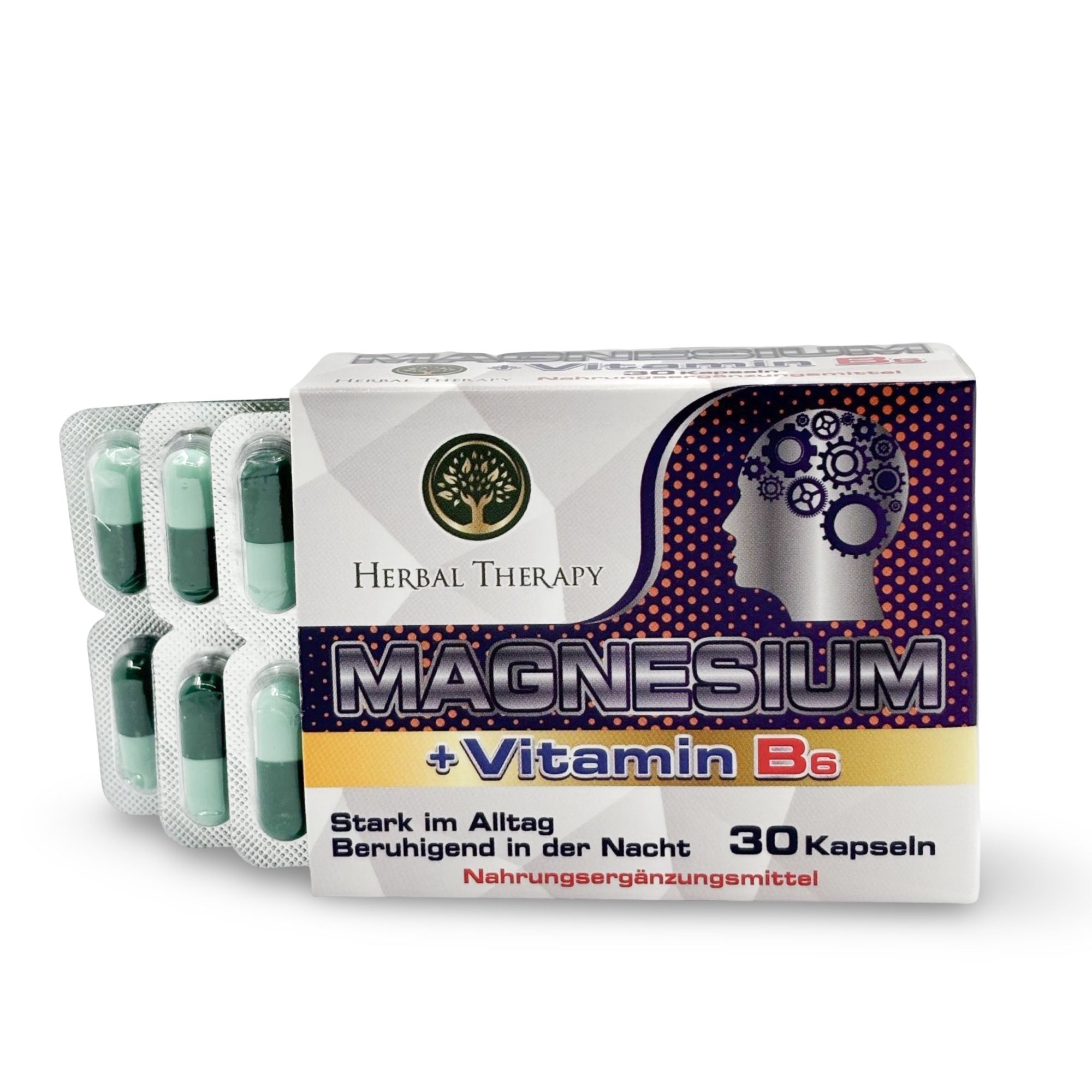 Verpackung mit Herbal Therapy Magnesium + Vitamin B6 und Blisterpackungen mit Kapseln. 30 Kapseln. Logo und Text in Deutsch.