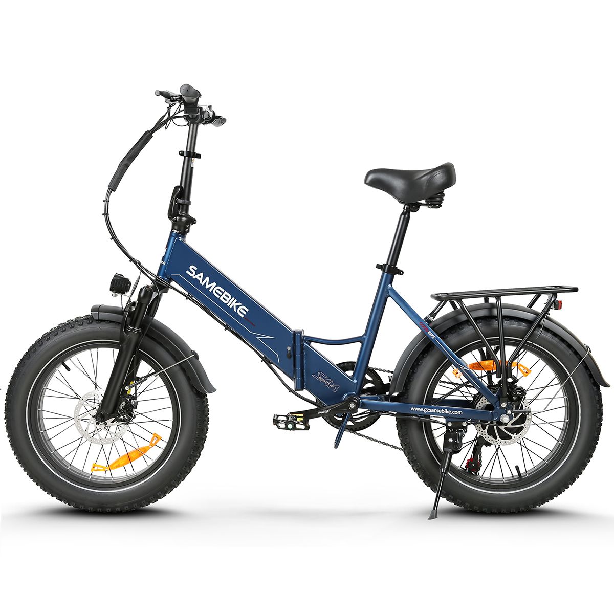Blaues, zusammenklappbares E-Bike. Schwarze Reifen, Gepäckträger, Sattel. Marke SAMEBIKE.