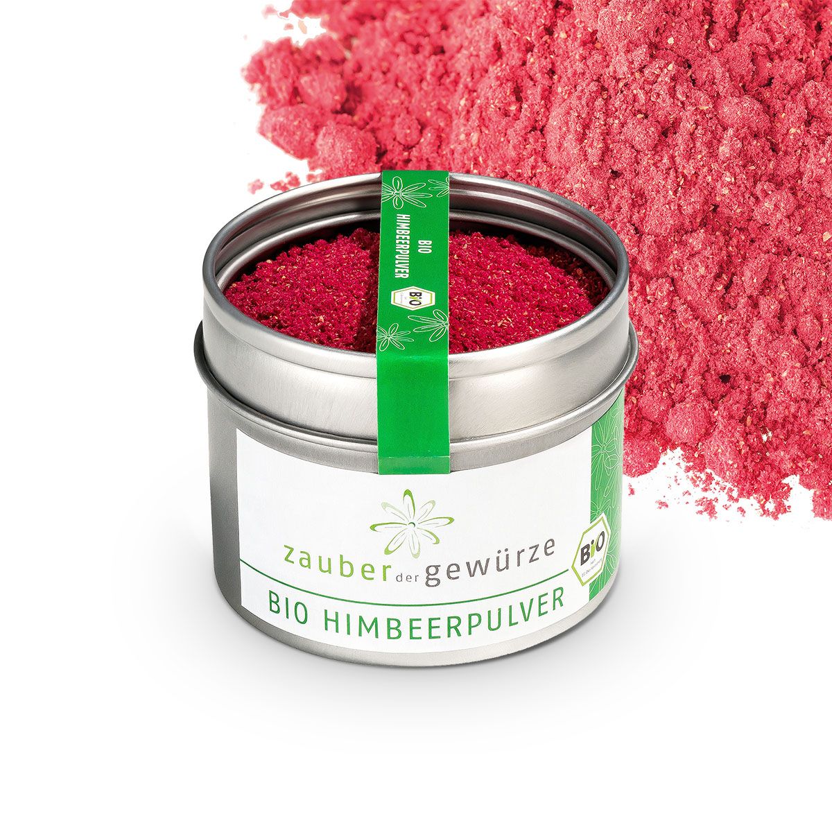 Geöffnete Dose mit Himbeerpulver. Grün-weißes Etikett mit Schriftzug und Bio-Siegel. Himbeerpulver daneben.