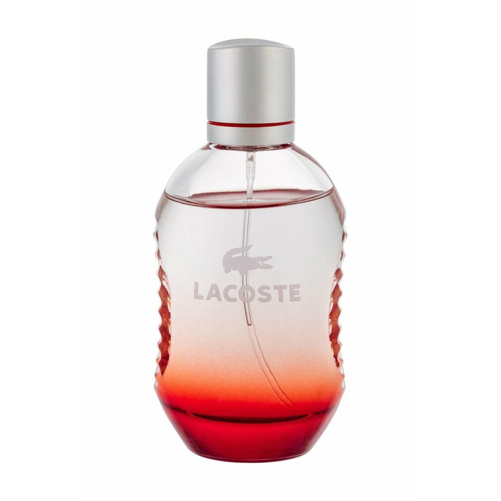 Runder, roter Flakon mit silbernem Deckel. Lacoste-Logo und Schriftzug. Sprühflasche.