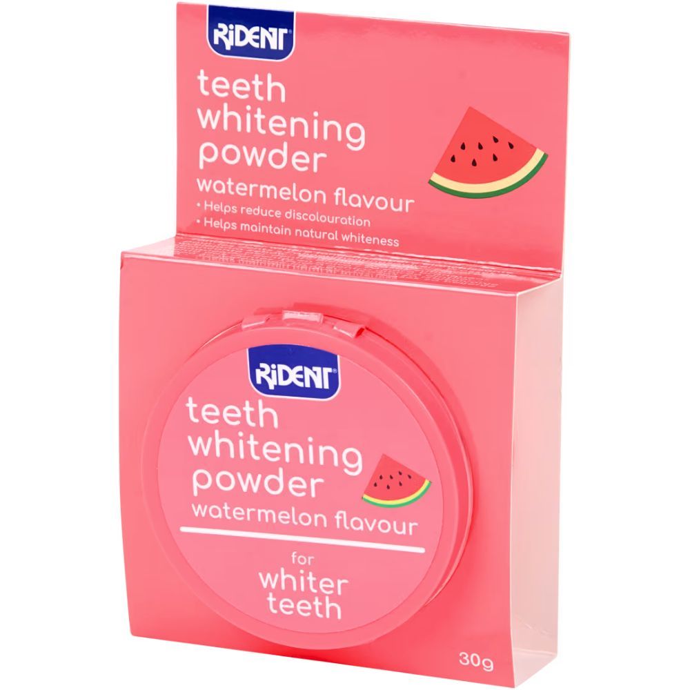Rosa Verpackung mit "RIDENT" und "teeth whitening powder". Wassermelonen-Aroma. Enthält eine Dose und eine Schachtel.