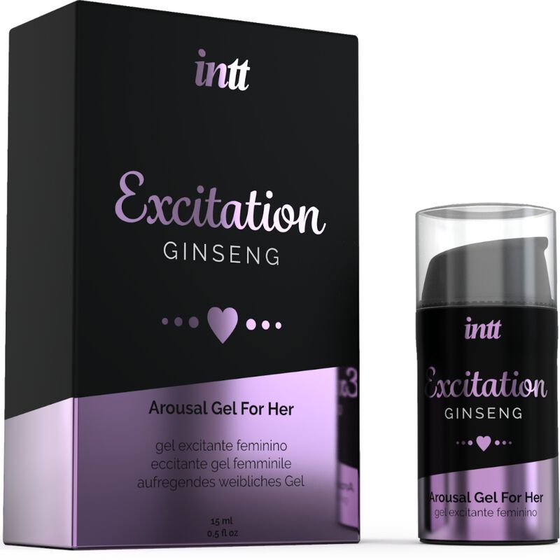 Schwarze Verpackung und Flasche. Aufschrift: intt Excitation Ginseng. Produktname und Herz-Symbol. Text: Arousal Gel For Her.