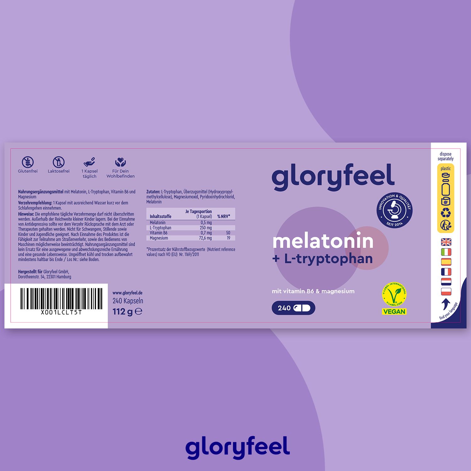 gloryfeel® Melatonin +  L-Tryptophan, Vitamin B6 & Magnesium Kapseln