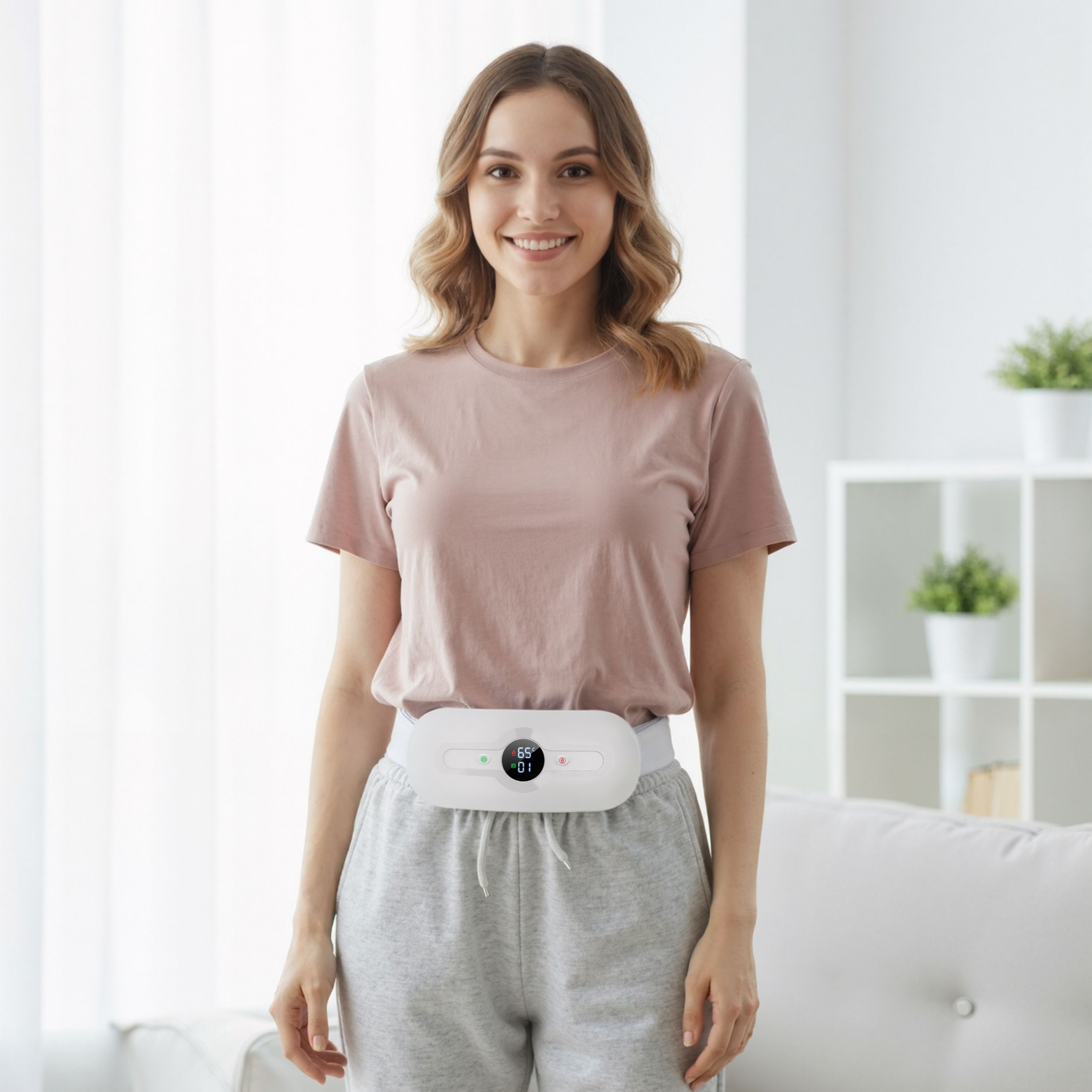 Frau steht, trägt weißen Menstruationsgürtel. Der Gürtel hat ein Display. Sie lächelt in die Kamera.
