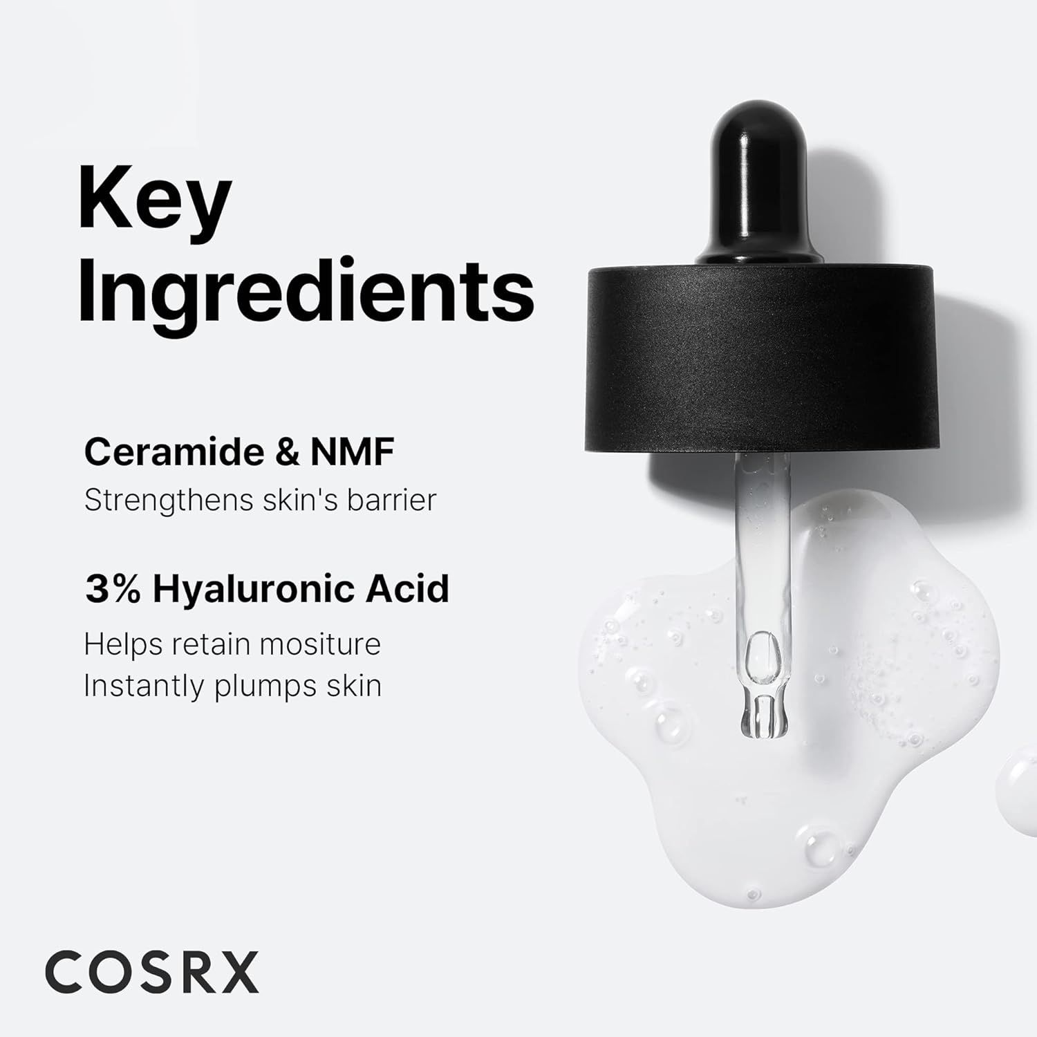 Pipette mit Serumtropfen. Aufschrift: Key Ingredients, Ceramide & NMF, 3% Hyaluronsäure, COSRX. Produktinformationen.