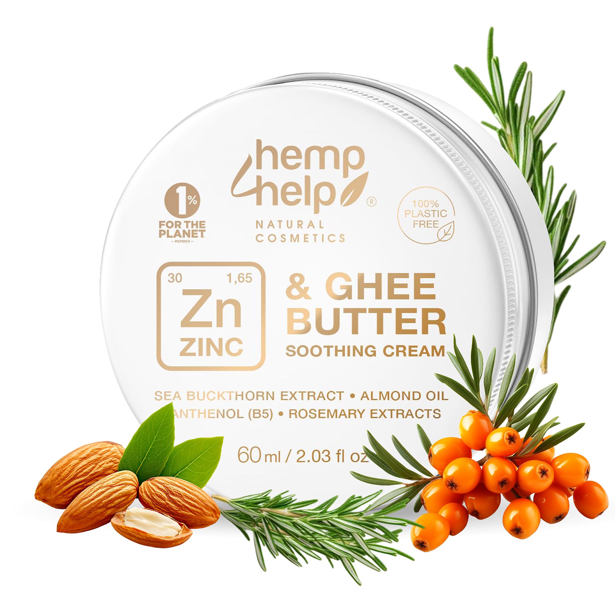 Dose mit Creme, daneben Mandeln, Sanddorn, Rosmarin. Text: Hemp Help, Zink & Ghee Butter, Soothing Cream, 60ml.