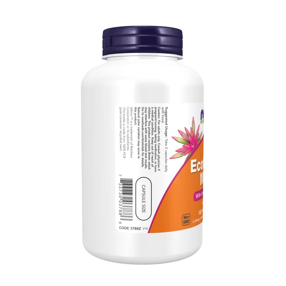 Flacone bianco, tappo blu. Scritta EcoGreen Multi, con superfood verdi, 180 capsule vegetali. Marchio NOW.
