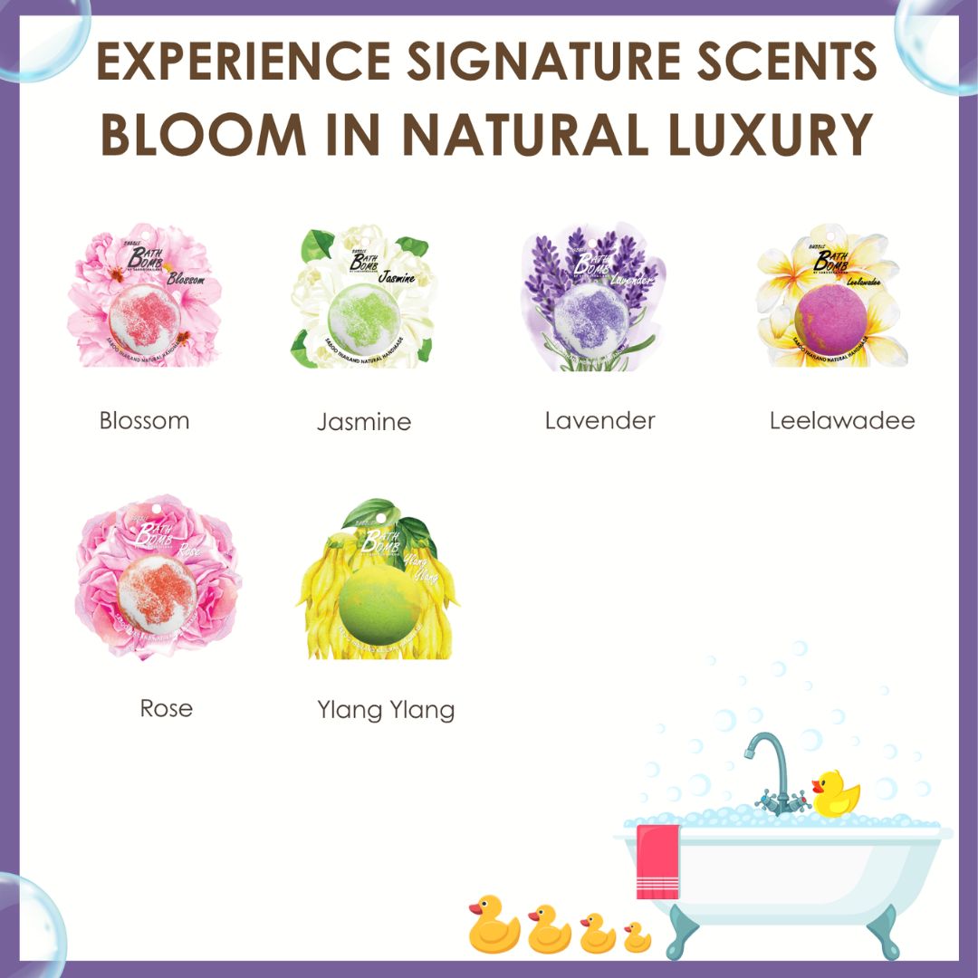 Verschiedene Bad Bomben Düfte: Blossom, Jasmine, Lavender, Leelawadee, Rose, Ylang Ylang. Logo: Bubble Bath Bomb.