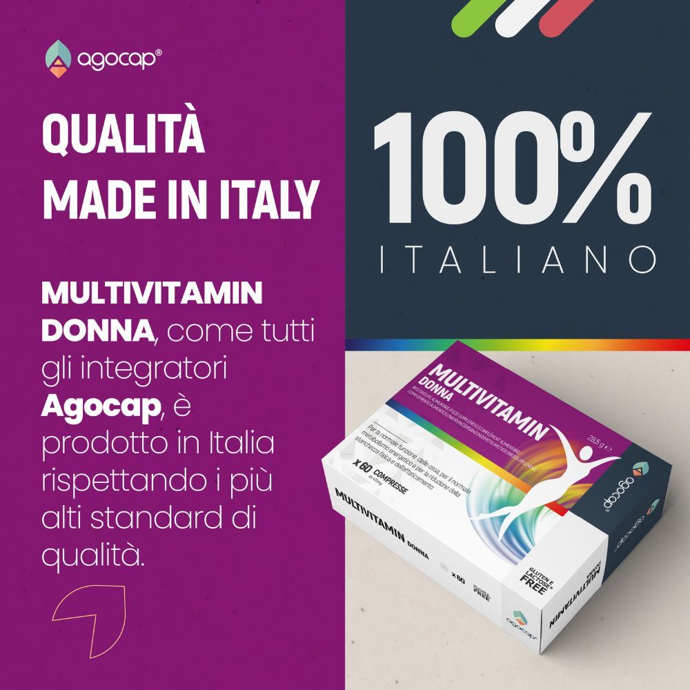 Werbung für Multivitamin Donna. Hergestellt in Italien. Produktverpackung mit 60 Tabletten.