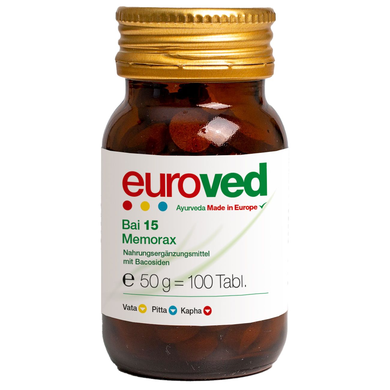 Braune Glasflasche mit goldfarbenem Deckel. Weißes Etikett mit rotem "euroved"-Logo und Produktbezeichnung "Bai 15 Memorax". Enthält Tabletten.