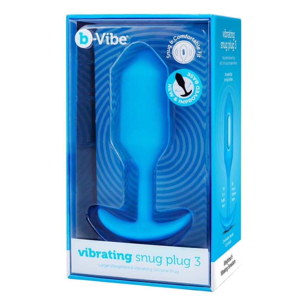 Blauer Plug in Verpackung. Klare Box mit Produkt und Text: "vibrating snug plug 3". Marke: b-Vibe.