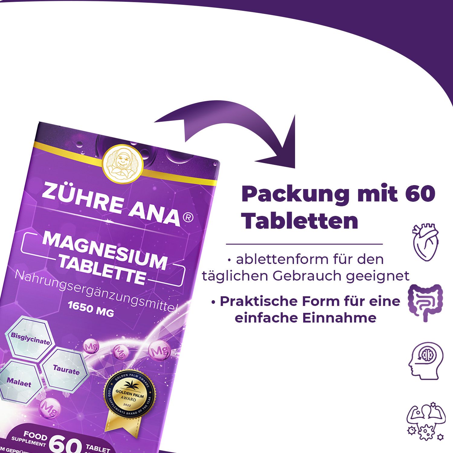 Verpackung mit 60 Magnesium-Tabletten, 1650 mg pro Tablette. Enthält Bisglycinat und Taurat.