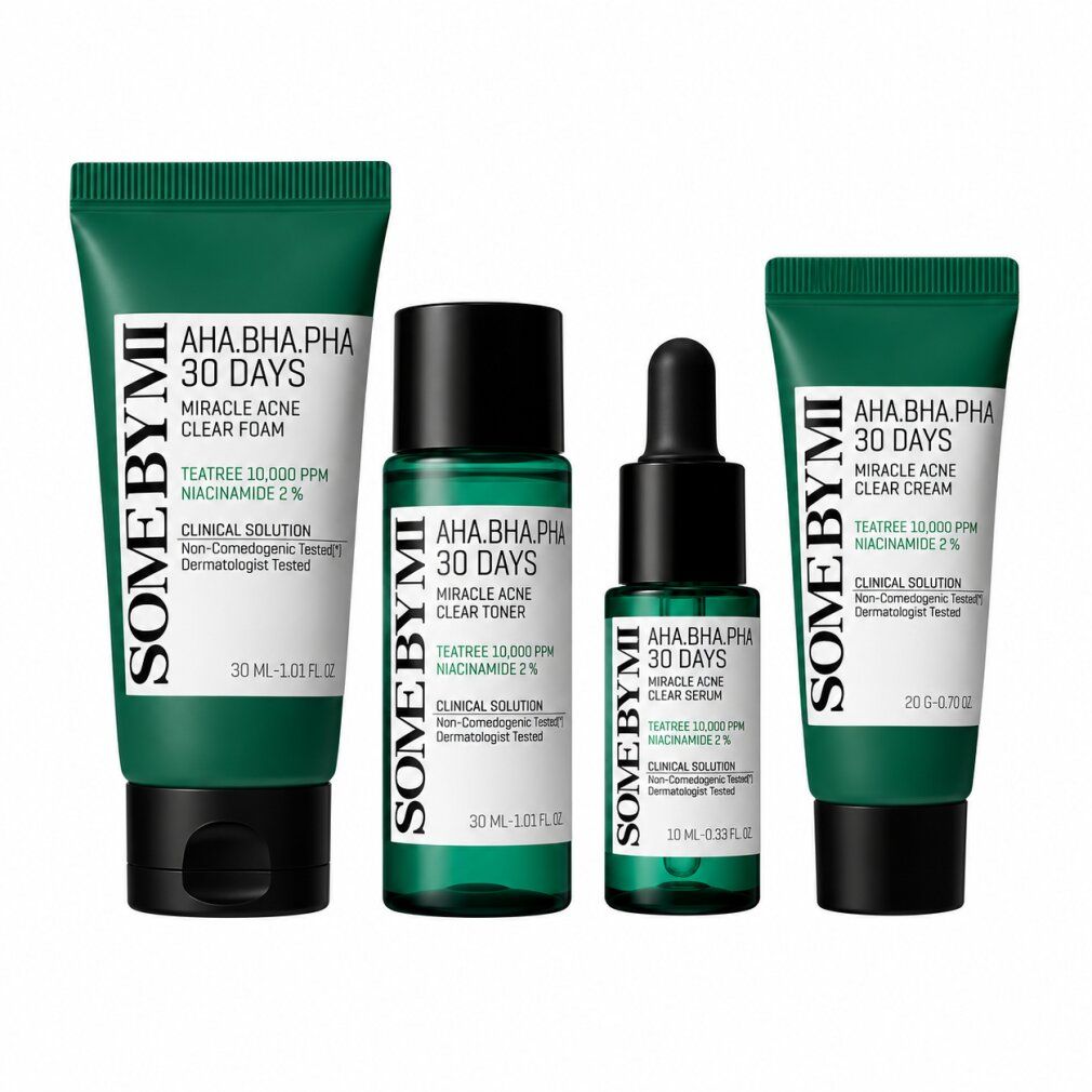 Some By Mi AHA-BHA-PHA 30 Days Miracle AC SOS Set: Miracle Cream, Miracle Serum, Miracle Toner, Miracle Acne Clear Foam.