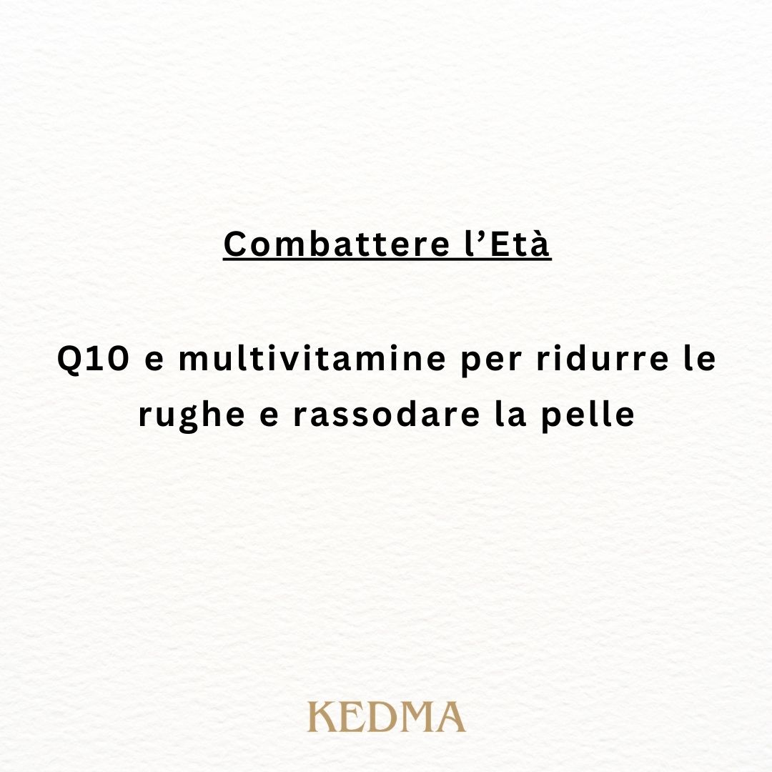 Testo su sfondo crema: Combattere l'Età. Q10 e multivitamine...