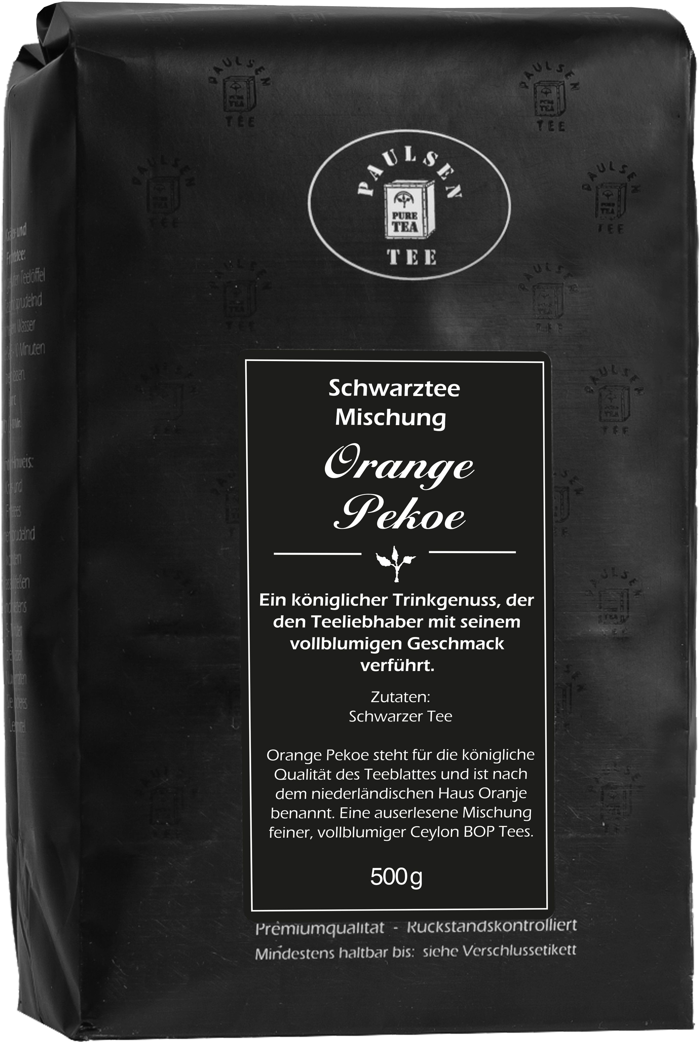 Schwarzer Tee Orange Pekoe in schwarzer Verpackung. Logo und Text auf der Vorderseite. 500g Packung.