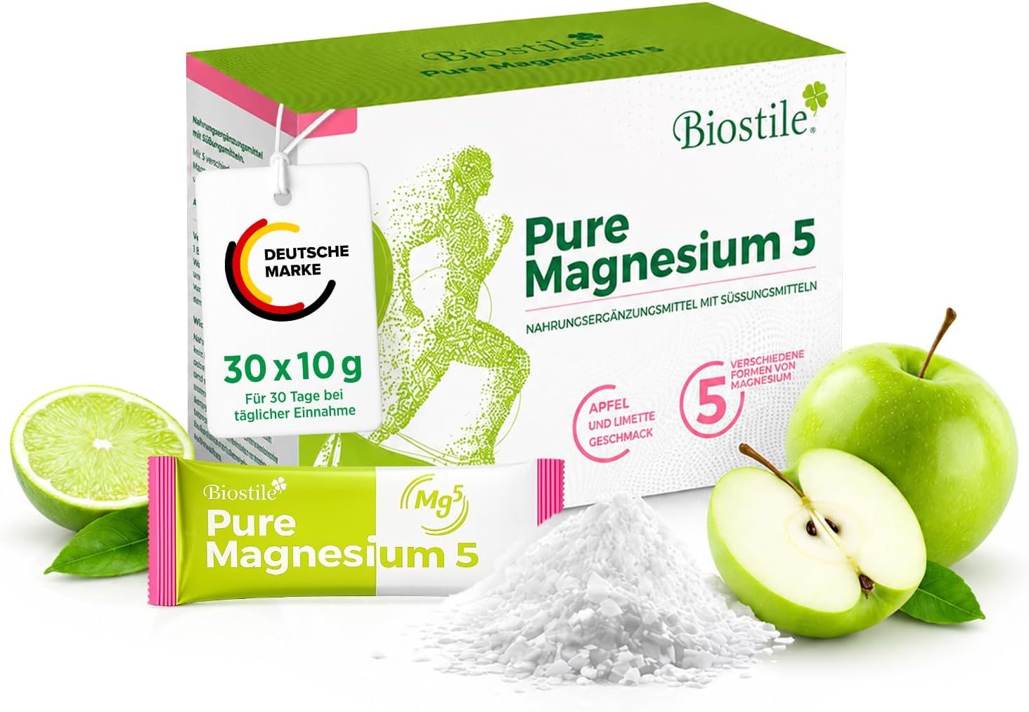 Biostile Pure Magnesium 5 Packung mit 30 Sticks, Äpfel-Limetten-Geschmack, mit frischen Früchten.