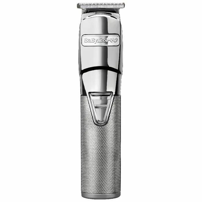 Haarschneidemaschine mit silberfarbenem Gehäuse und geriffelter Oberfläche am Griff. Sichtbar: BaByliss Pro Logo.