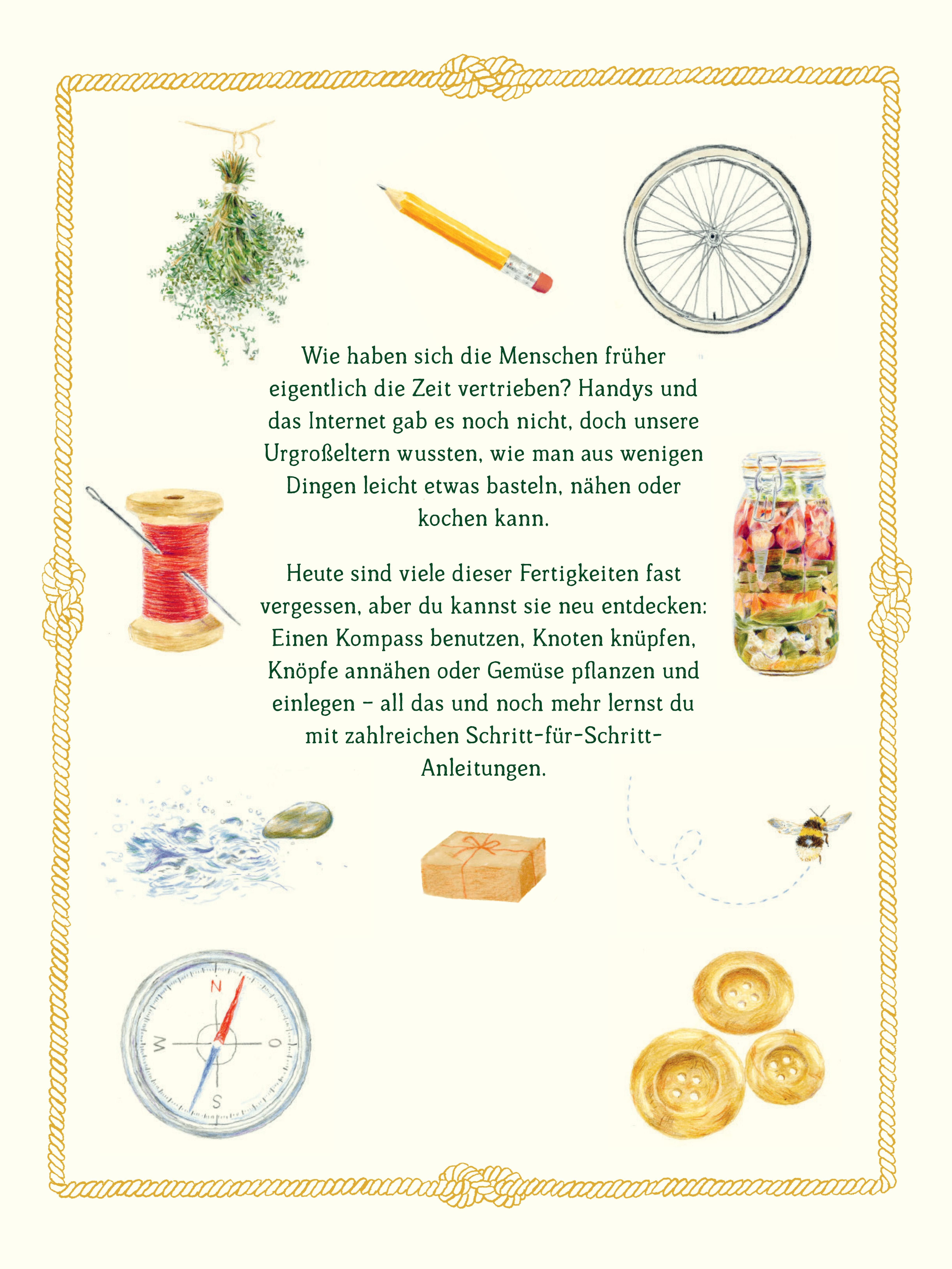 Buchseite mit Illustrationen: Nähgarn, Bleistift, Rad, Kräuter, Knöpfe, Kompass, Einmachglas, Biene, Brief, Knöpfe.