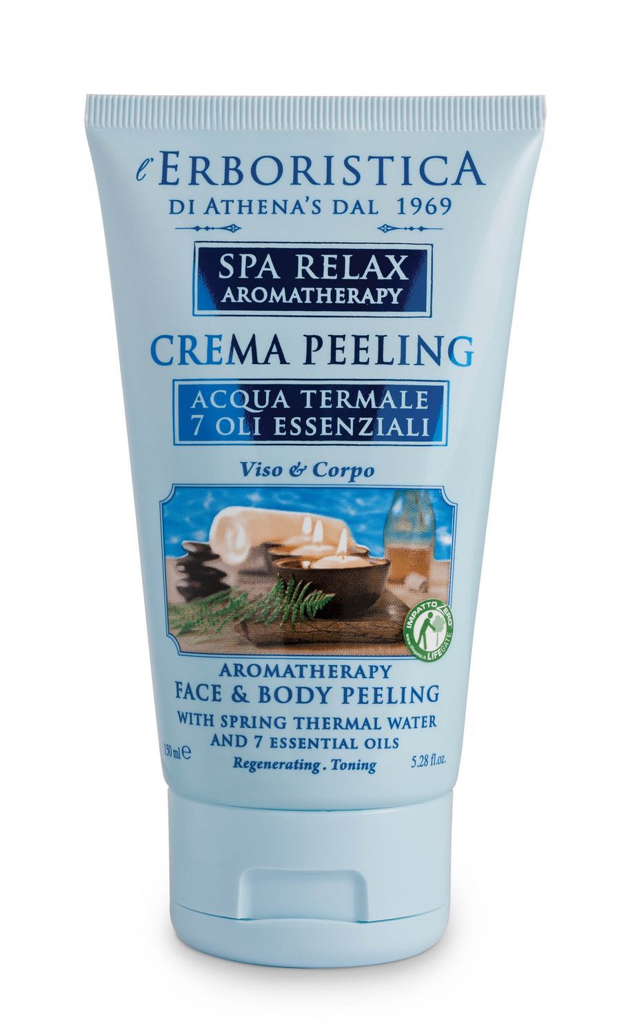 Hellblaue Tube mit Produktbezeichnung und Logo. Text: Spa Relax Aromatherapy, Crema Peeling, Acqua Termale, 7 Oli Essenziali.