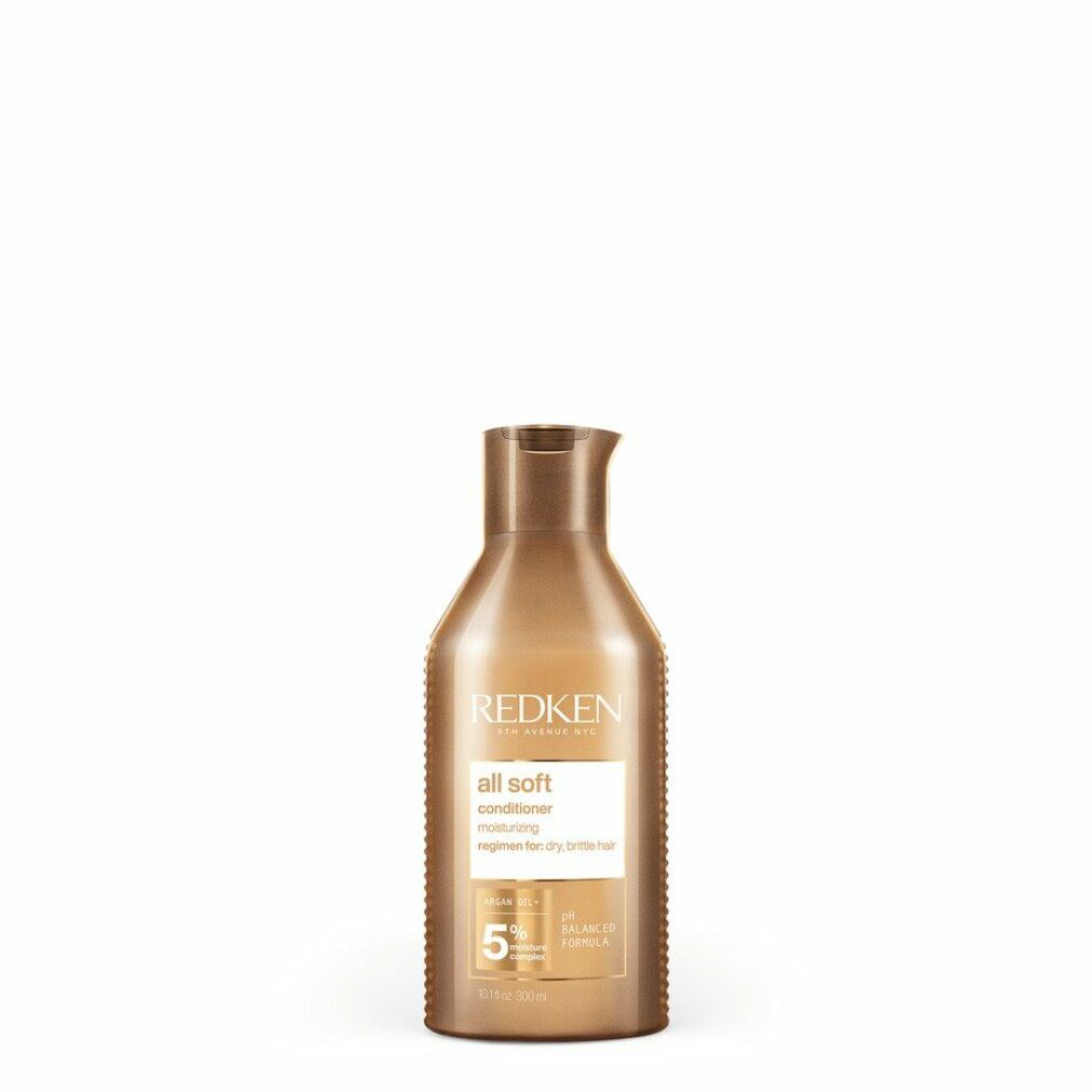 Braune Flasche Redken All Soft Conditioner. Aufschrift: All Soft, Conditioner, pH Balanced Formula. Flasche mit Ausgießer.