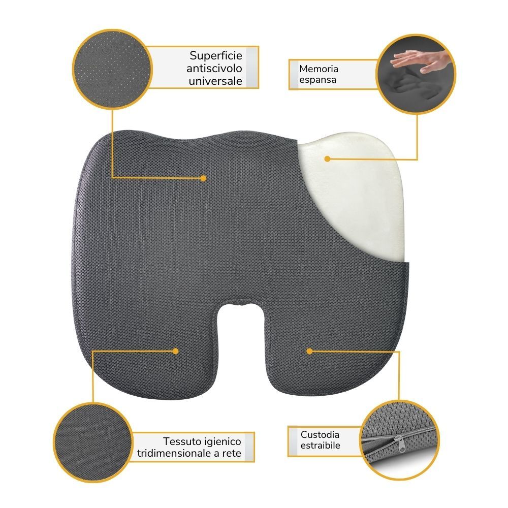 Cuscino per glutei grigio con intaglio. Caratteristiche: superficie antiscivolo, memory foam, tessuto a rete 3D, fodera sfoderabile.