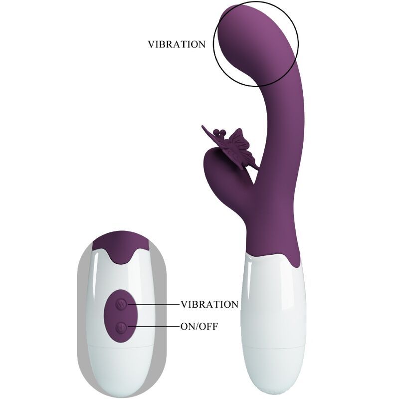 Lila Vibrator mit weißem Griff. Beschriftung 'VIBRATION' und 'ON/OFF'. Separater Controller mit zwei Knöpfen.
