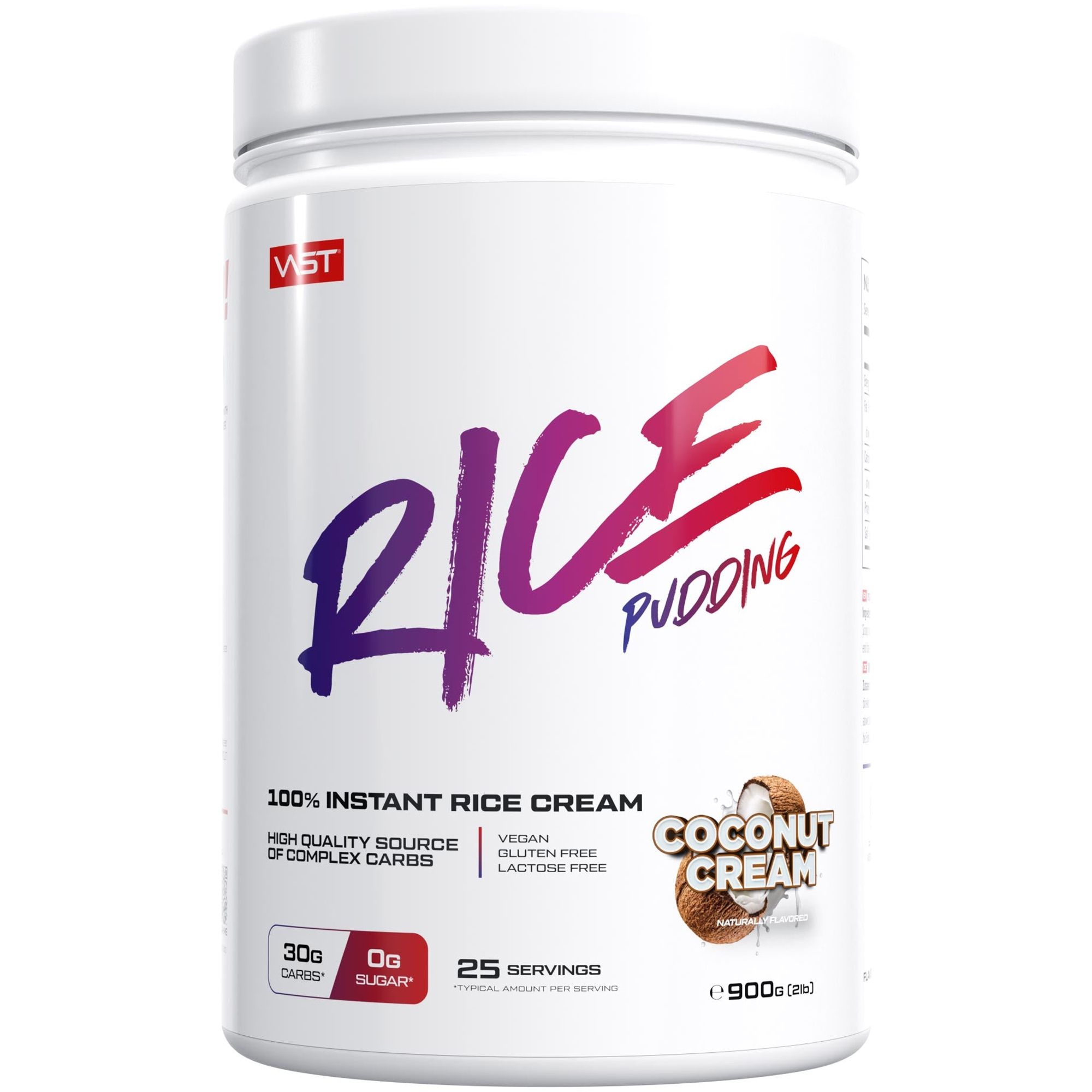 Weißer Behälter mit Aufschrift "VAST Rice Pudding". Text: "100% Instant Rice Cream", "Coconut Cream".