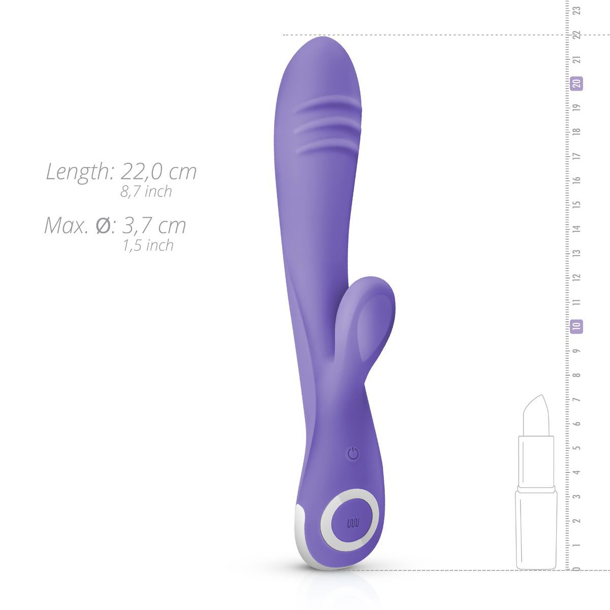 Lila Vibrator mit Messskala. Länge: 22,0 cm, max. Ø: 3,7 cm. Mit zwei Knöpfen.