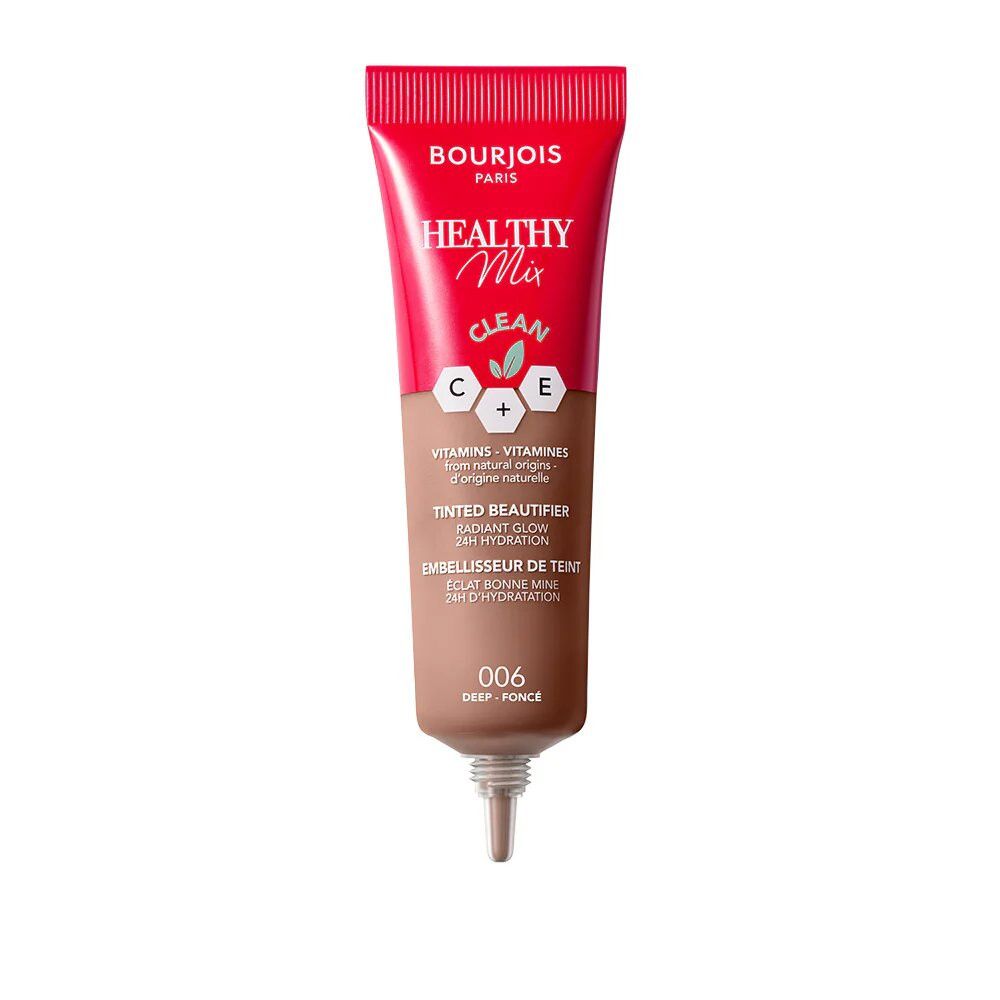 Tube mit roter Kappe. Aufschrift: Bourjois Paris, Healthy Mix. Farbton 006. Getönter Beautifier.