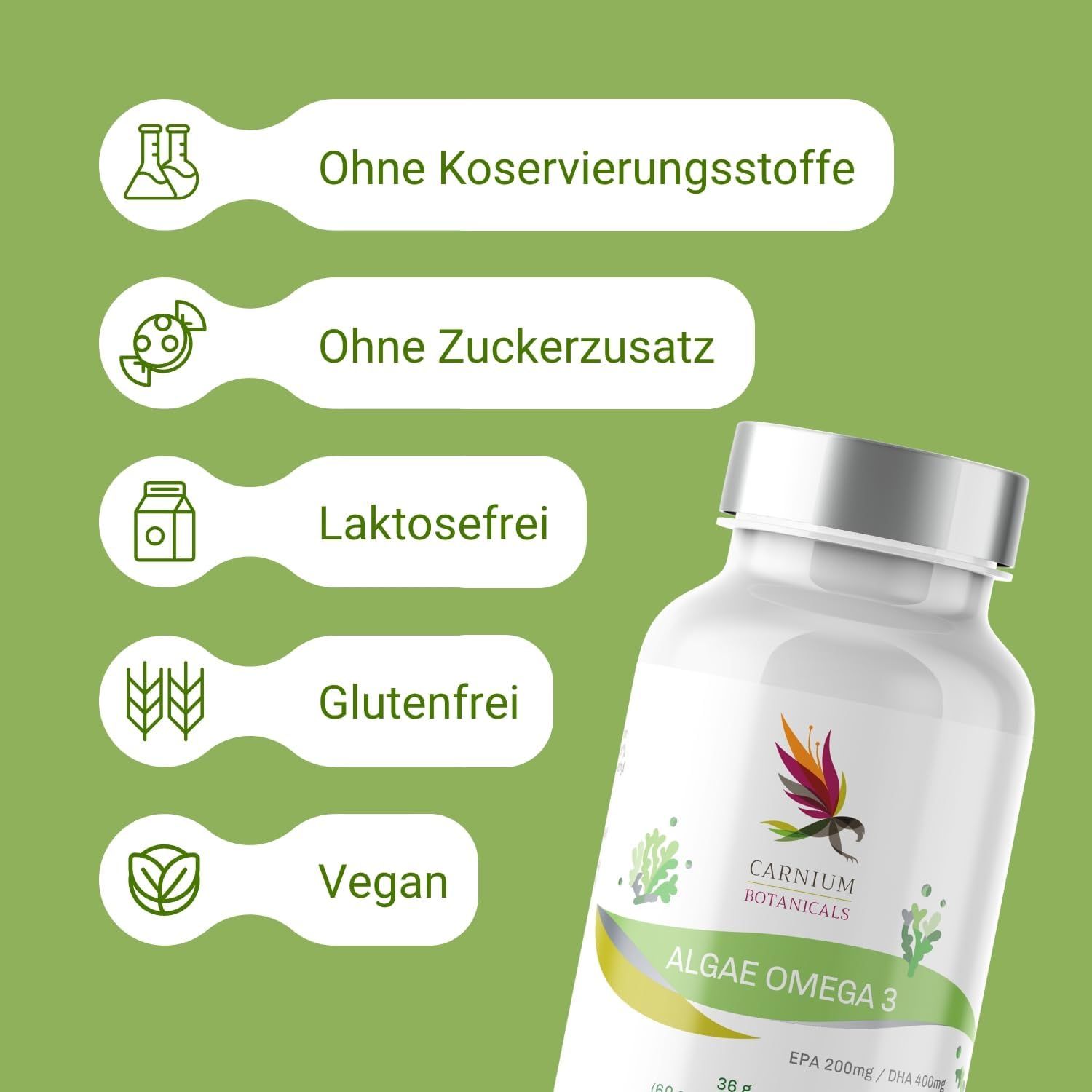 Flasche mit Aufschrift: Carnium Botanicals, Algae Omega 3. Text: Ohne Konservierungsstoffe, Zuckerzusatz, laktosefrei, glutenfrei, vegan.