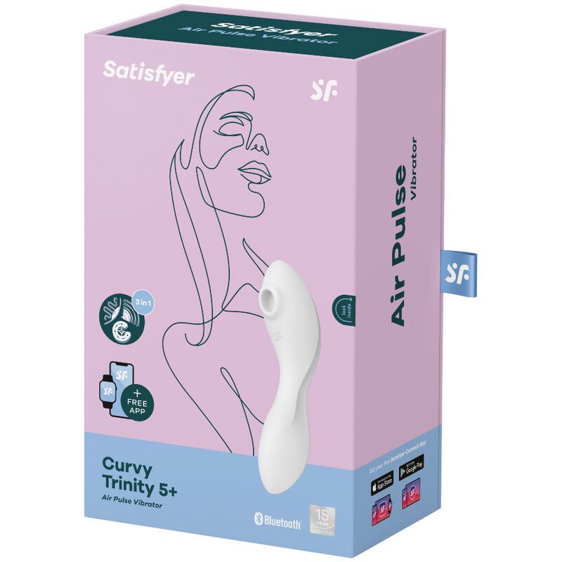 Verpackung für ein Wellness-Produkt. Rosa Box mit Produktabbildung. Text: Satisfyer, Curvy Trinity 5+.