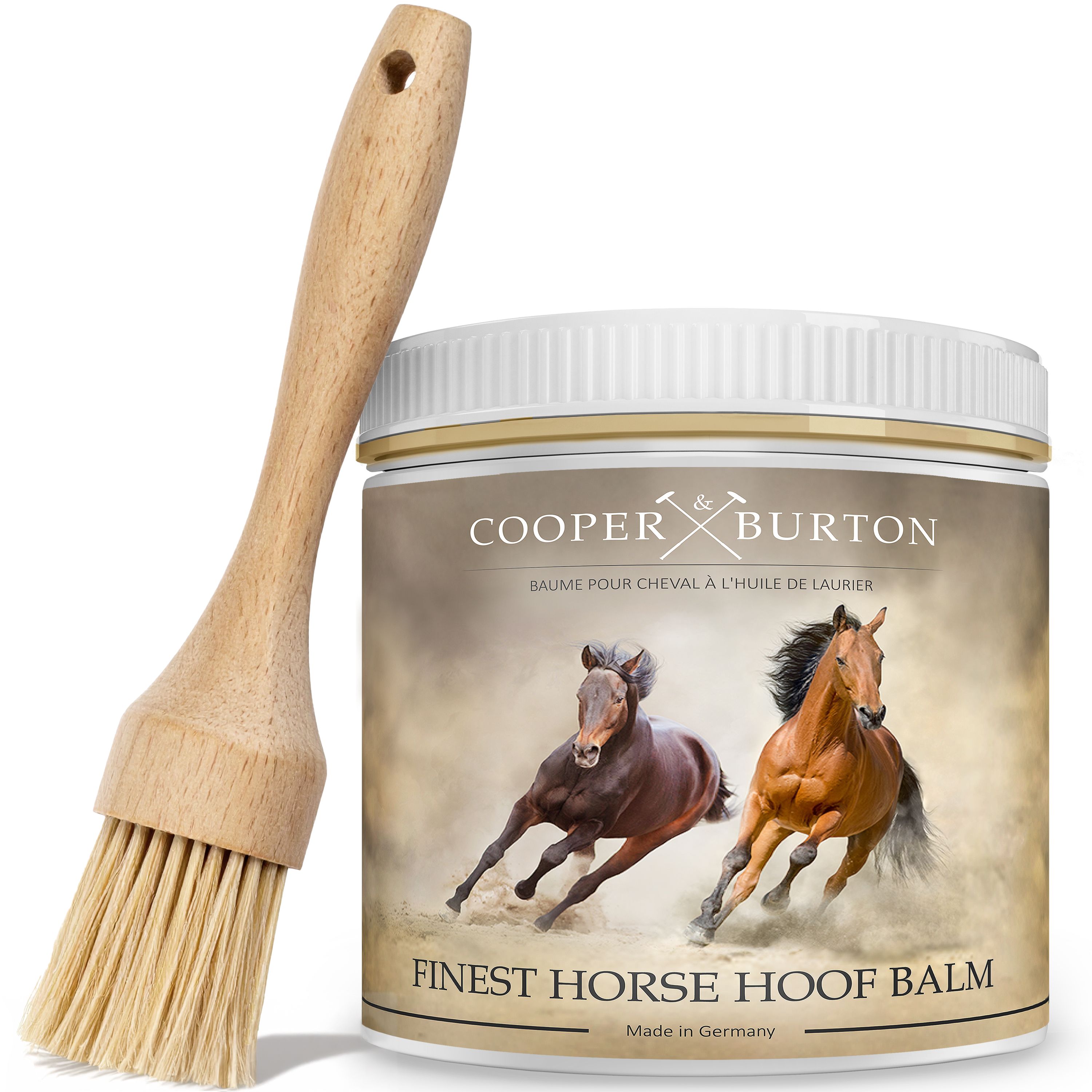Tiegel mit Pinsel. Logo: COOPER & BURTON. Text: Finest Horse Hoof Balm. Made in Germany. Pferdeabbildung.