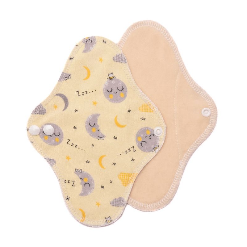 Zwei Stoffbinden. Eine gelb mit Mond- und Sternenmuster, die andere beige. Beide haben Druckknöpfe.