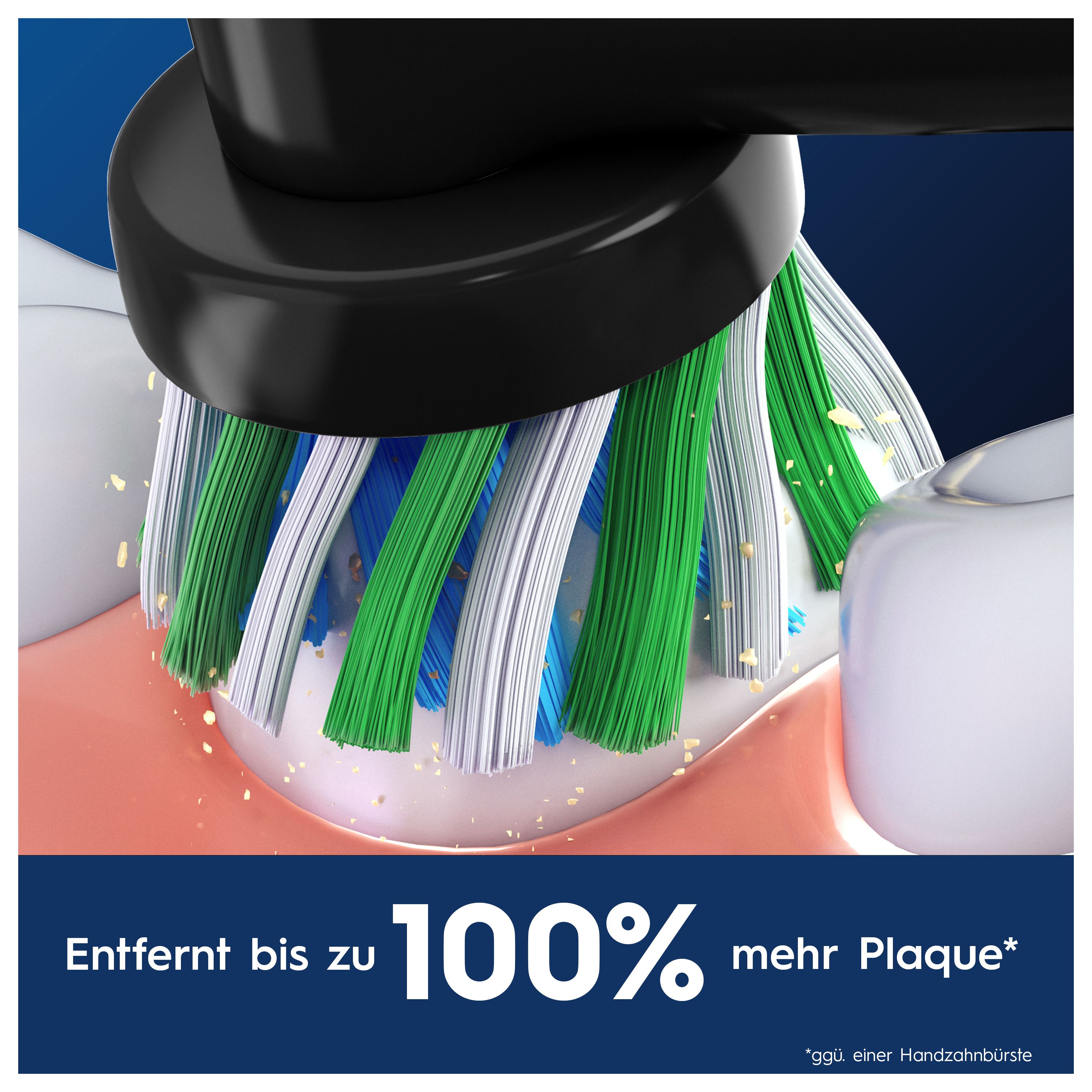 Nahaufnahme einer schwarzen Oral-B Pro CrossAction Zahnbürste. Borsten reinigen Zähne. Text: Entfernt bis zu 100% mehr Plaque.