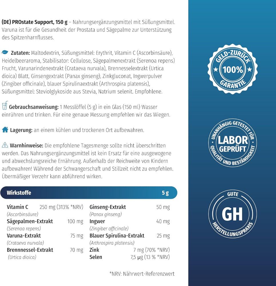 Produktinformationen Nature's Finest Prostate Support. Text: Zutaten, Gebrauchsanweisung, Warnhinweise, Wirkstoffe, Laborgeprüft.