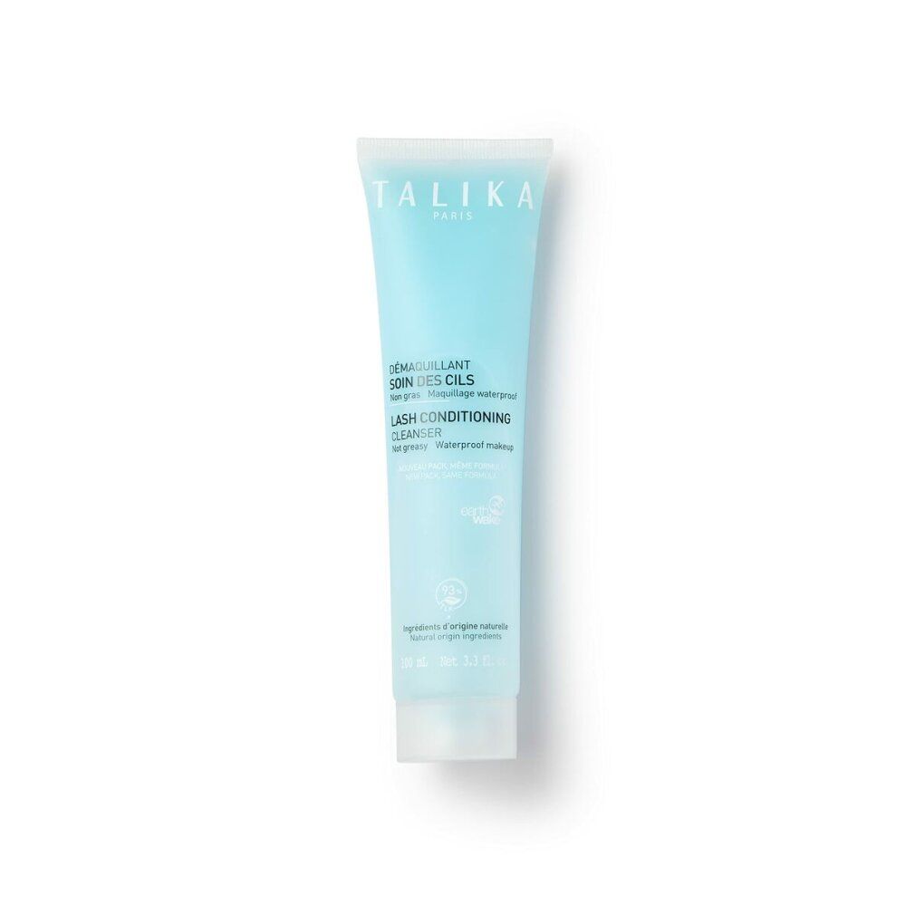 Hellblaue Tube mit Produkttext. Aufschrift: TALIKA PARIS, DEMMAQUILLANT SOIN DES CILS, LASH CONDITIONING CLEANSER.