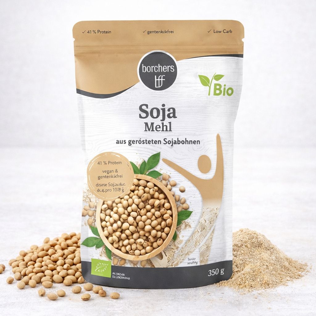 BFF Bio Sojamehl aus gerösteten Sojabohnen, 350g Beutel mit Siegeln für 41% Protein, gentechnikfrei und Low Carb.