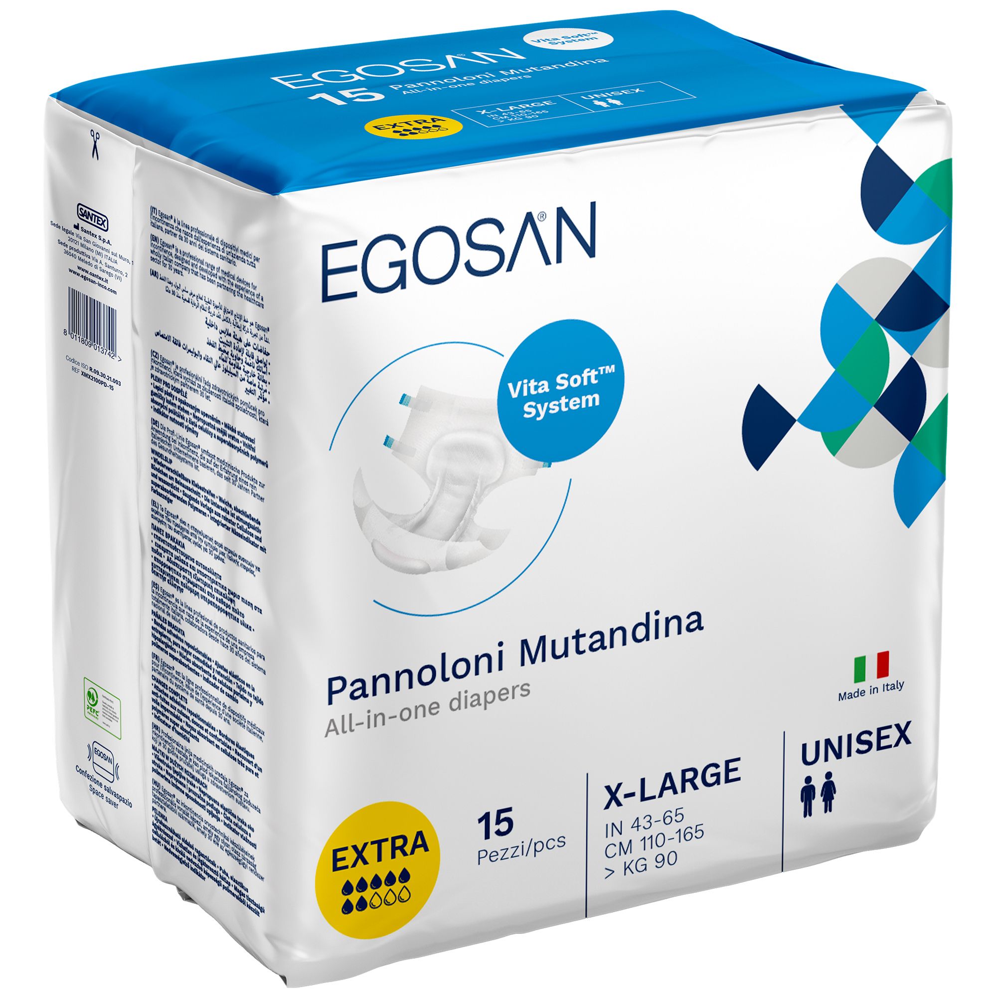 Egosan® Slip EXTRA, pannoloni mutandina, XL-Large, 15 pezzi. Confezione con immagine del prodotto e testo.