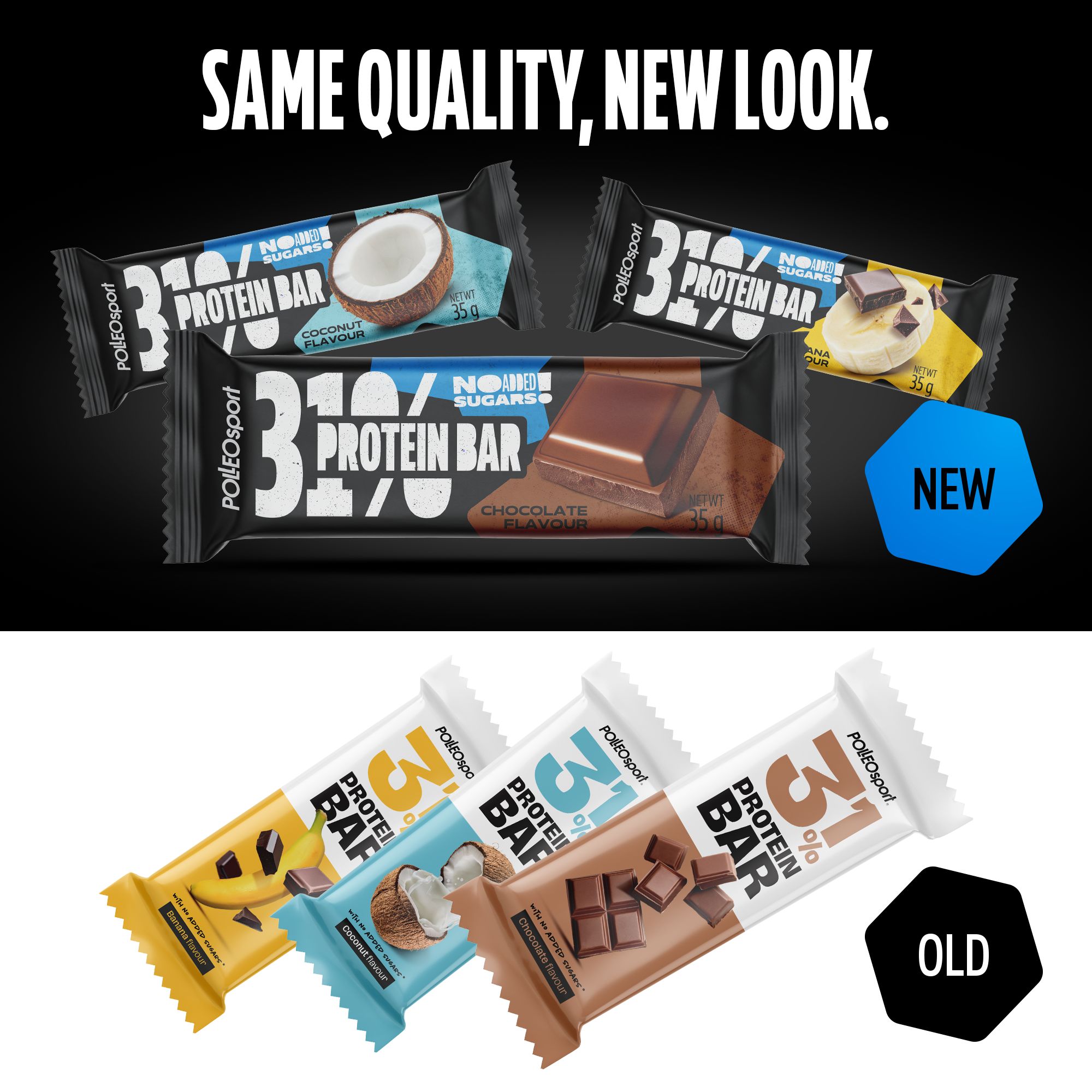 Verschiedene Proteinriegel-Verpackungen. Oben: Neue Designs. Unten: Alte Designs. Aufschrift '31% Protein Bar'.