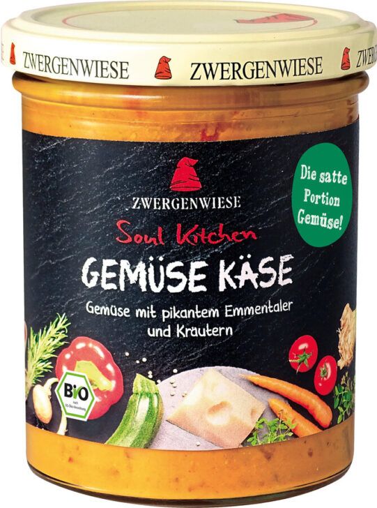 Zwergenwiese Soul Kitchen Gemüse Käse: Gemüse mit pikantem Emmentaler und Kräutern. Bio-Siegel sichtbar.