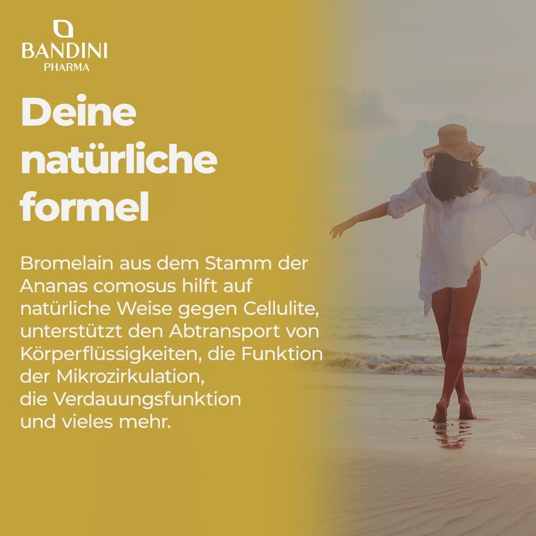 Frau am Strand. Text: Natürliche Formel. Bromelain aus Ananas Comosus. Hilft gegen Cellulite, unterstützt Flüssigkeitstransport.