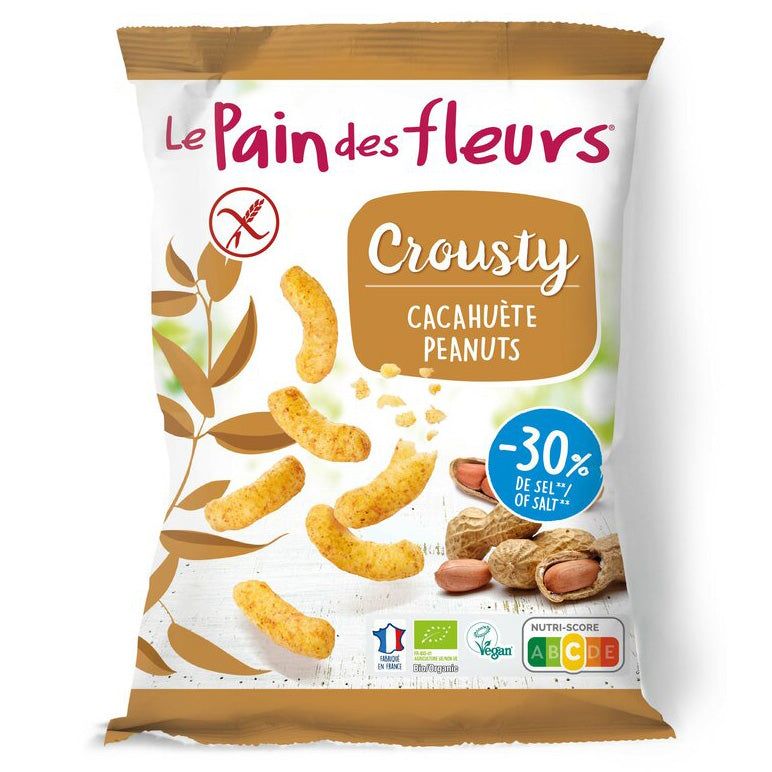 Verpackung mit Crousty Erdnuss Flips. Aufschrift "Le Pain des fleurs", "Crousty", "Cacahuète Peanuts". Glutenfrei-Symbol, Nutri-Score.