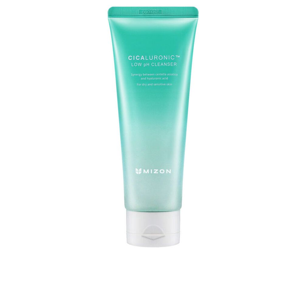 Grüne Tube mit weißem Verschluss. Aufschrift: Cicaluronic Low pH Cleanser. Marke Mizon. Für empfindliche Haut.