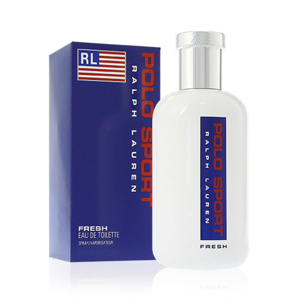 Weiße Flasche mit silbernem Verschluss und blauer Verpackung. Aufschrift: Polo Sport Fresh. Amerikanische Flagge.
