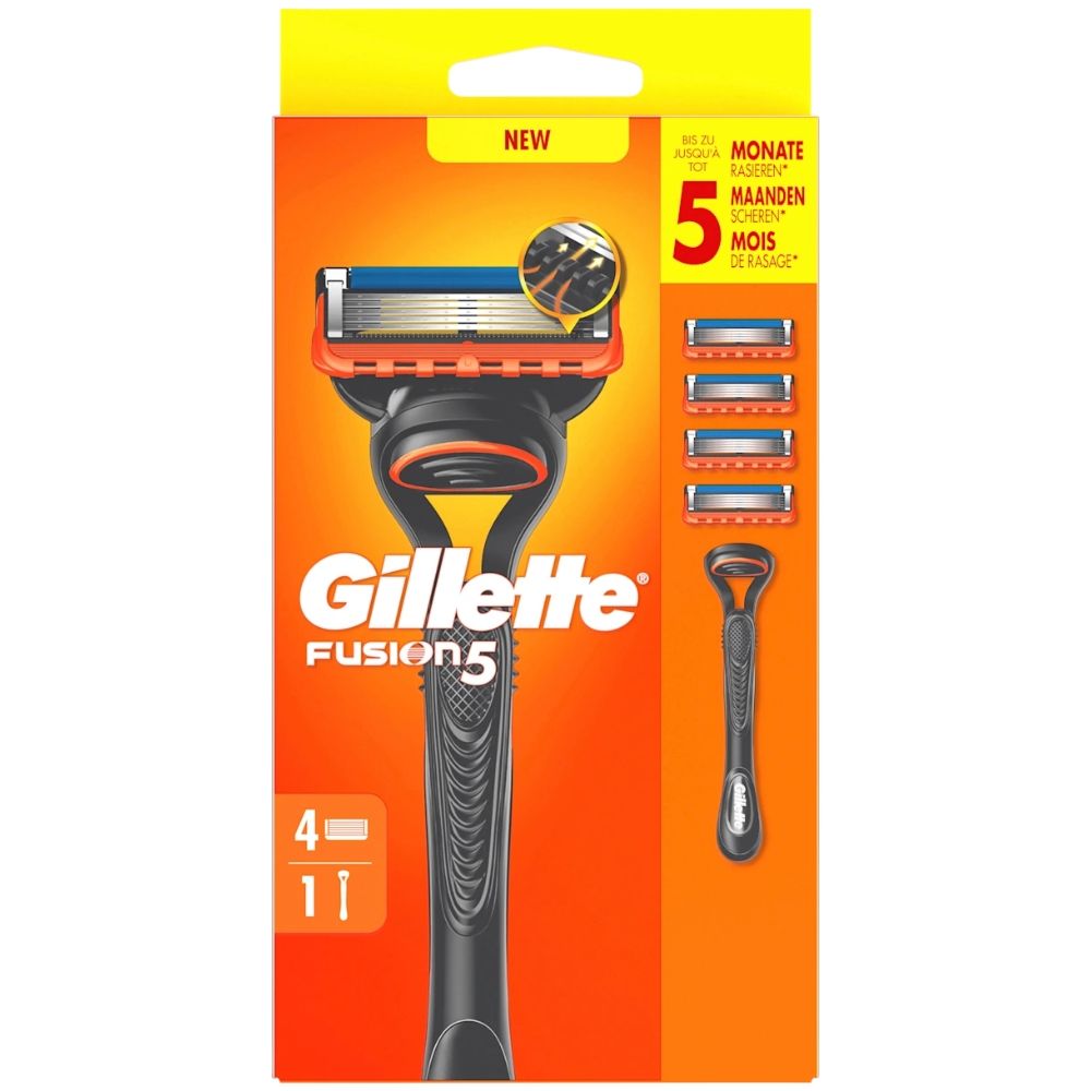 Gillette Fusion5 Rasierer-Packung. Enthält Rasierer, Ersatzklingen und Präzisionstrimmer. Orange-schwarzes Design. "NEW"-Label.